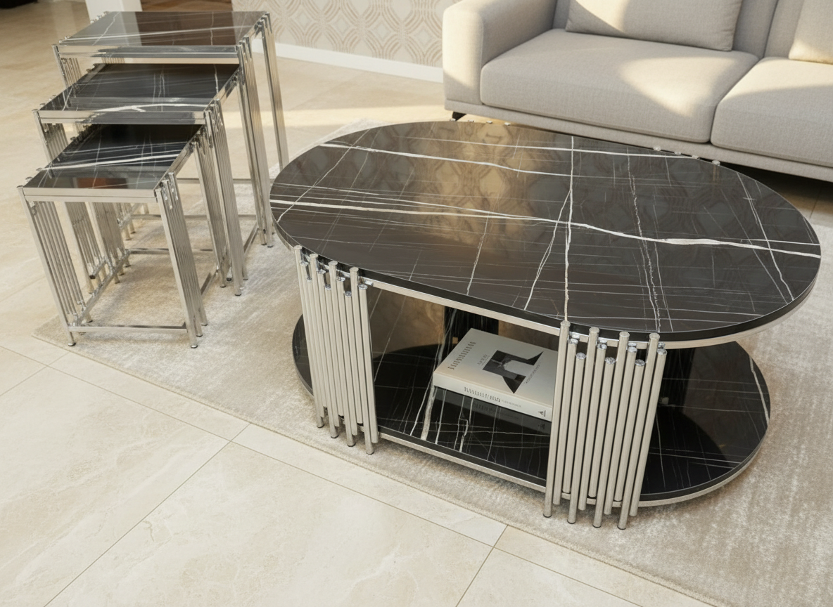 Lima Soffbord - 4 delar, Silver/Svart marmor