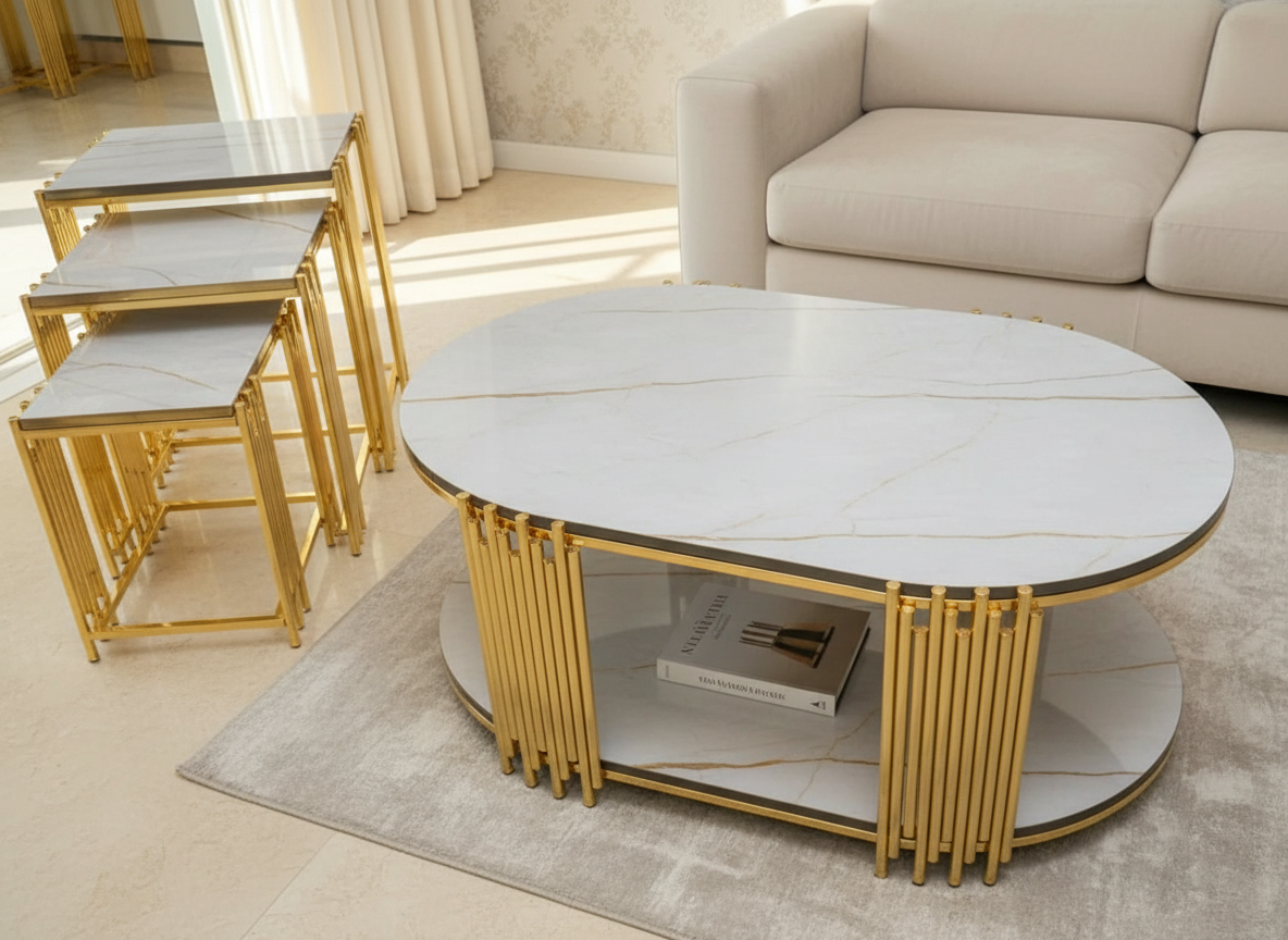 Lima Soffbord - 4 delar, Guld/Vit marmor