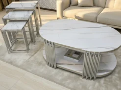 Lima Soffbord - 4 delar, Silver/Vit marmor