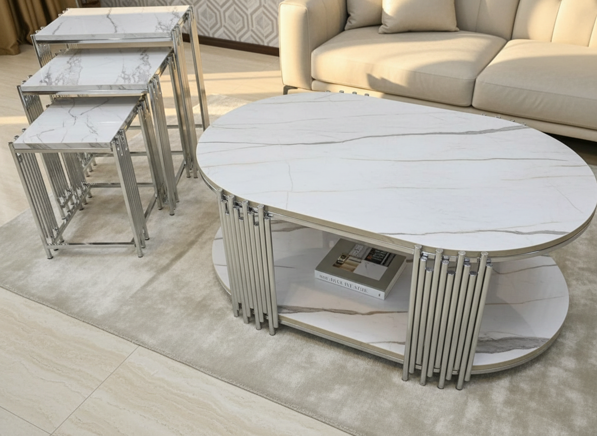 Lima Soffbord - 4 delar, Silver/Vit marmor