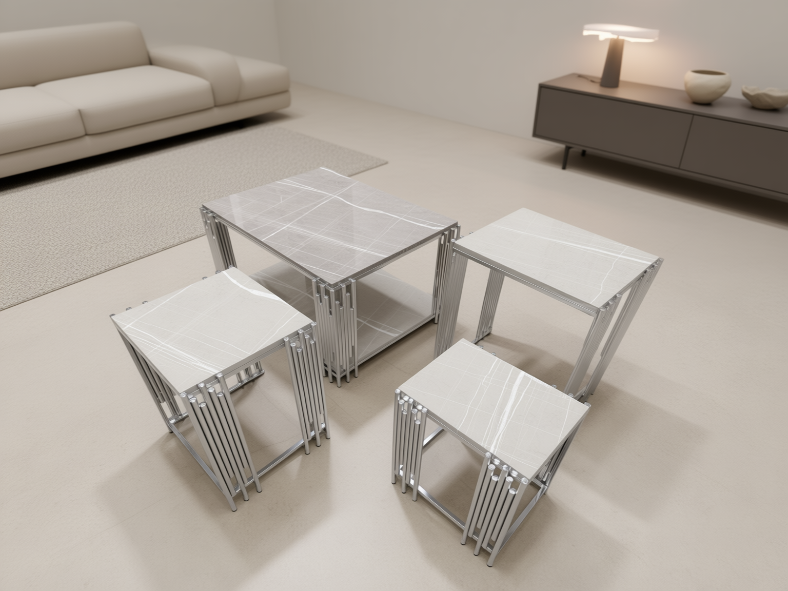 Rio Soffbord - 4 delar, Silver/Vit marmor