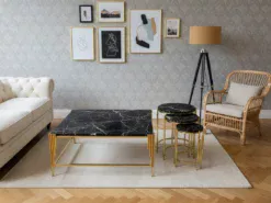 Rosario Soffbord - 4 delar, Guld/Svart marmor