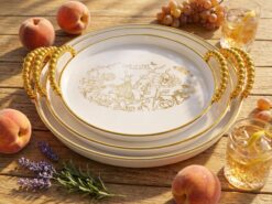 Floral Rund Serveringsbricka (3-pack) – Vit & Guld