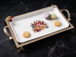 Akleja Serveringsfat med Metallställning (36x22 cm) – Lyxigt Porslinsfat med Blommotiv och Strass