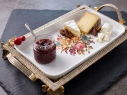 Akleja Serveringsfat med Metallställning (30x17 cm) – Lyxigt Porslinsfat med Blommotiv och Strass