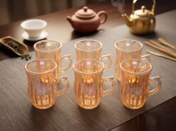 Huai Bo nr136 Glaskoppar i Bärnsten (6-pack) – Eleganta Tekoppar i Räfflat Glas