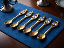 Exklusiva Guldfärgade Dessertskedar med Blå Kristall (6-pack) – Eleganta Kaffeskedar