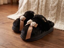 Lyxiga Fluffiga Tofflor med Rosett och Platåsula (Svart, Storlek 40–41) – Mjuka Innetofflor