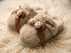 Lyxiga Fluffiga Tofflor med Rosett och Platåsula (Grå/Beige, Storlek 36–37) – Mjuka Innetofflor