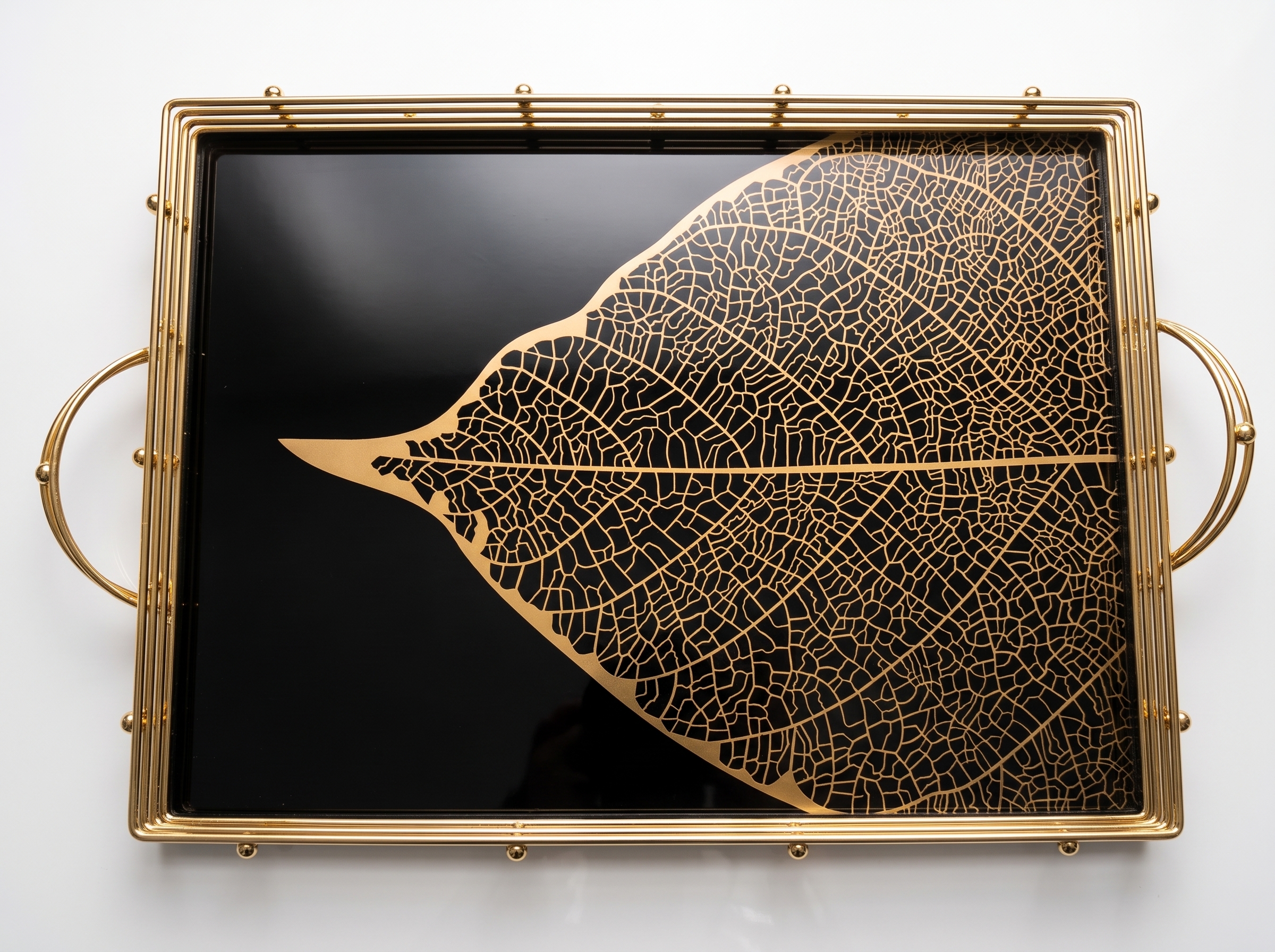 Exklusiv Serveringsbricka i Metall & Glas (42 x 31 cm) – Svart & Guld med Bladmönster - Bild 4