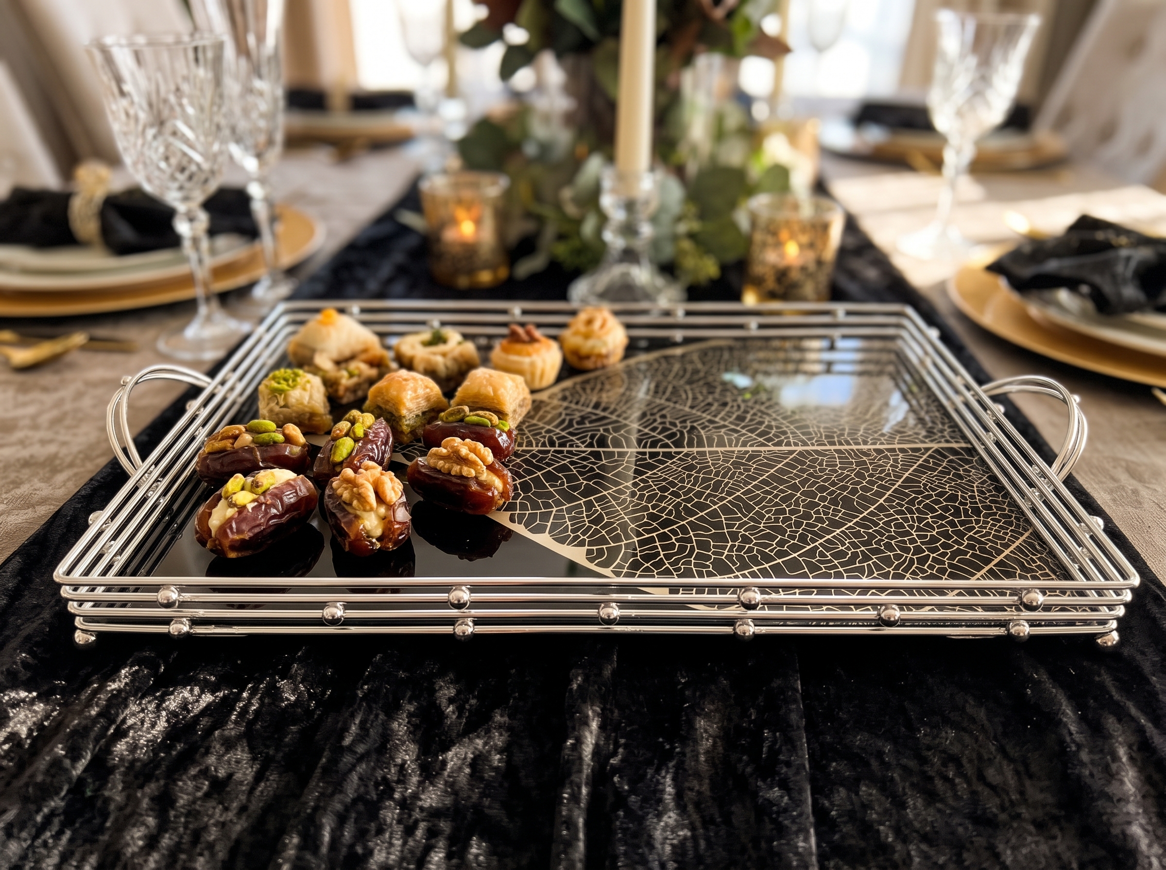 Exklusiv Serveringsbricka i Metall & Glas (42 x 31 cm) – Svart & Kromad Silver med Bladmönster - Bild 2