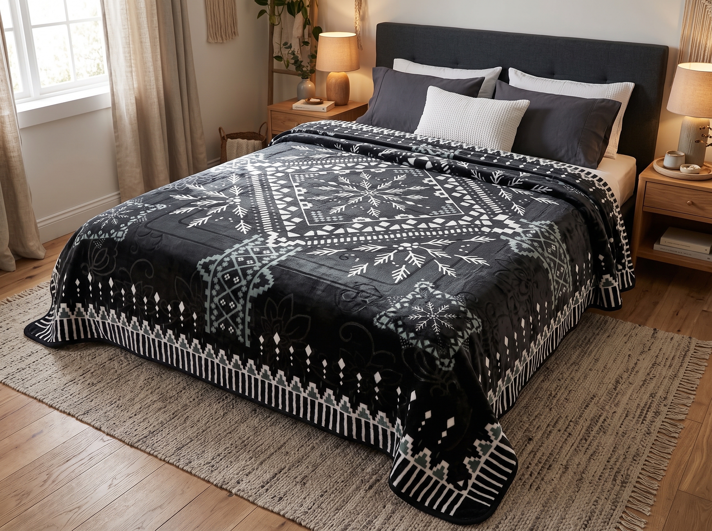 NaNa Secret Tjock Plyschfilt i Svart & Grå (220 x 240 cm, 5,5 kg) – Lyxigt Präglat Överkast & Mysfilt