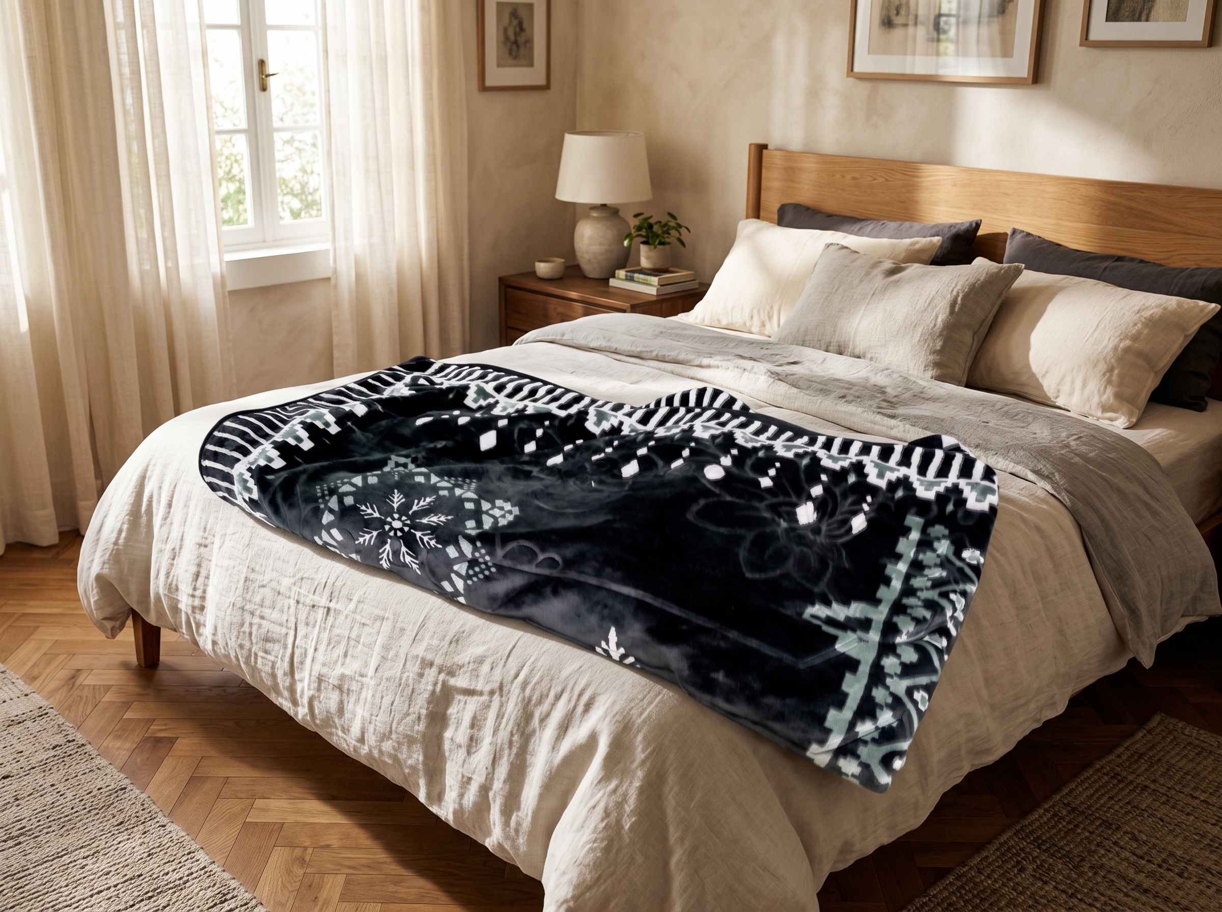 NaNa Secret Tjock Plyschfilt i Svart & Grå (220 x 240 cm, 5,5 kg) – Lyxigt Präglat Överkast & Mysfilt - Bild 2