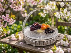 Hortensia Serveringskorg i Silver (30 cm) – Lyxigt Kakfat med Handtag & Fjärilsdekor