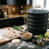 Kismet Ångkokningsgryta & Mantugryta i Svart Granit (6 Delar) – Ångkokningsset för Mantu, Dumplings & Grönsaker