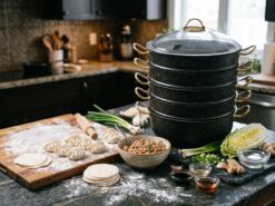 Kismet Ångkokningsgryta & Mantugryta i Svart Granit (6 Delar) – Ångkokningsset för Mantu, Dumplings & Grönsaker