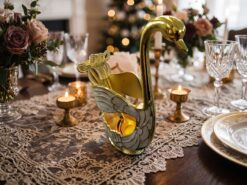 Luxe Ornament Svan-hållare med Dessertskedar (7 Delar) – Vit & Guld