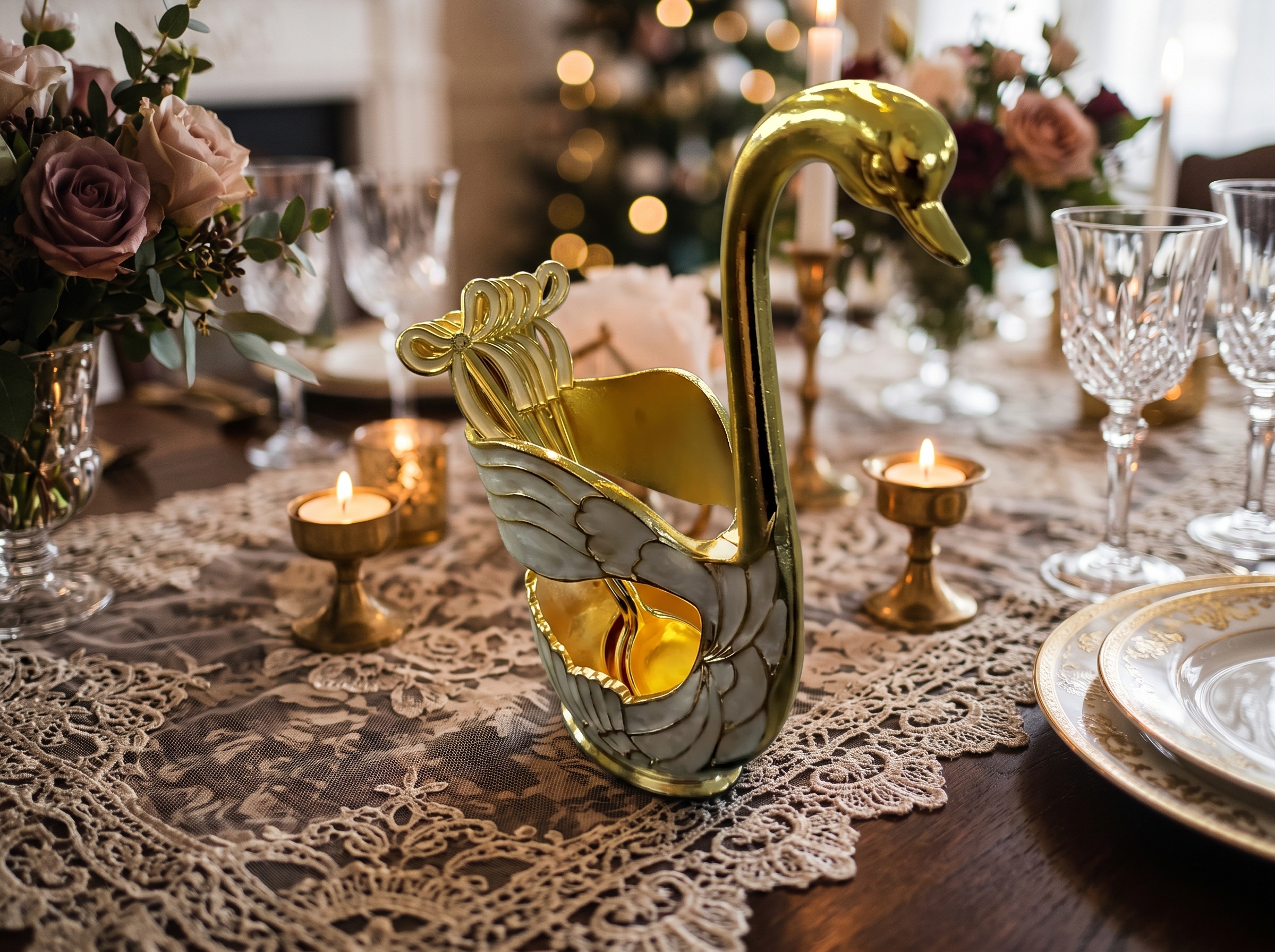 Luxe Ornament Svan-hållare med Dessertskedar (7 Delar) – Vit & Guld