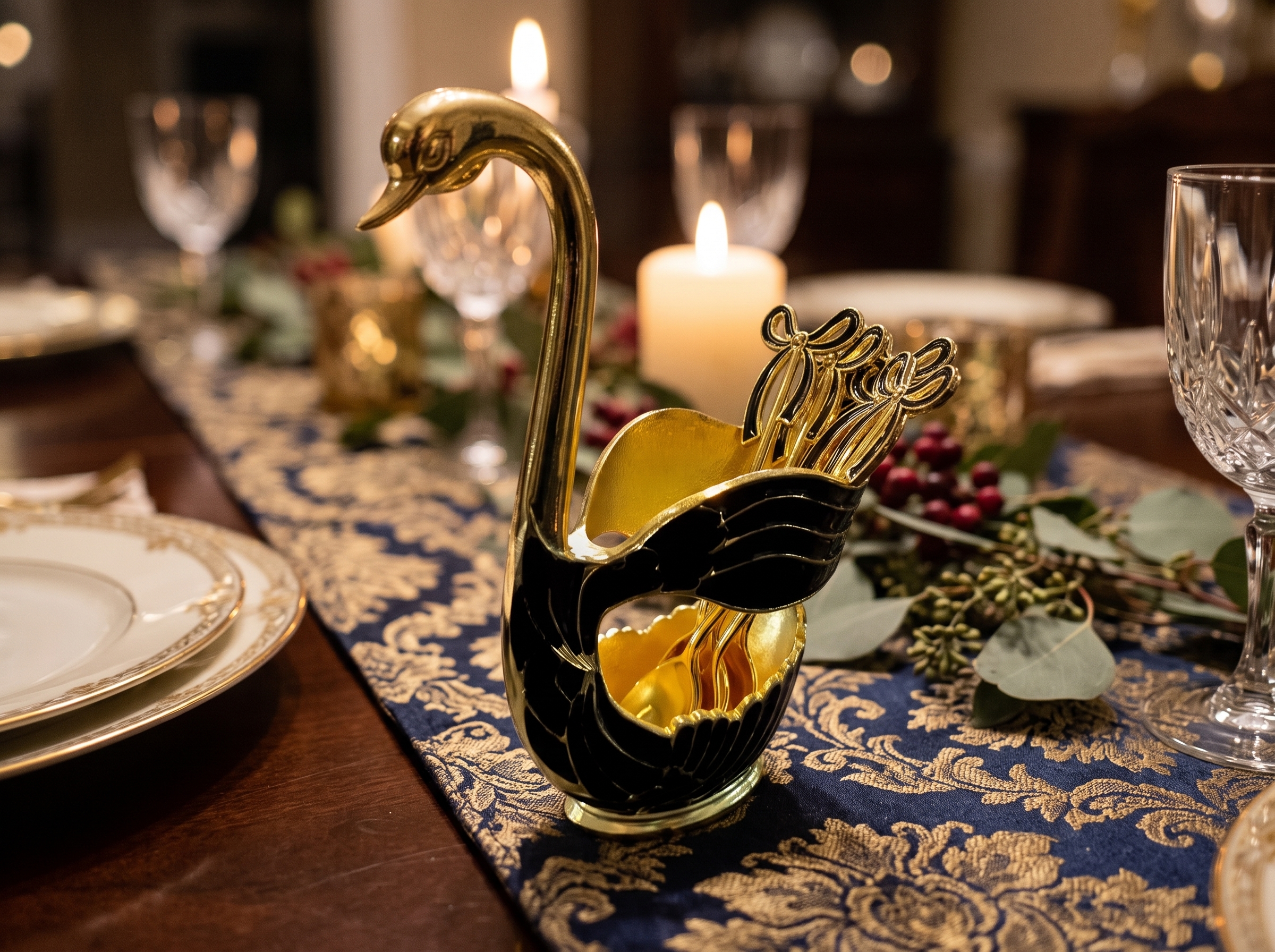 Luxe Ornament Svan-hållare med Dessertskedar (7 Delar) – Svart & Guld