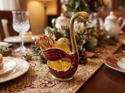 Luxe Ornament Svan-hållare med Dessertskedar (7 Delar) – Röd & Guld