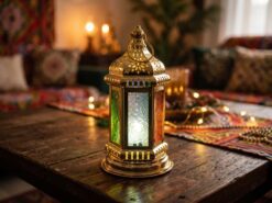 Orientalisk LED-Lykta för Ramadan med Färgat Glas & Musik (25 cm) – Guldpläterad Bordslykta