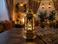 Exklusiv LED-Lykta för Ramadan i Guld med Musik & Gravyr (30 cm) – USB & Batteridriven Bordslykta