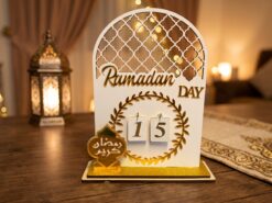 Ramadan Nedräkningskalender i Trä & Spegelguld – Bordskalender i Vit & Guld