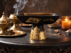 Orientalisk Serveringsskål på Fot i Svart & Guld (22 x 15 cm) – Exklusiv Dekorationsskål med Arabisk Kalligrafi
