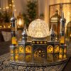 LED-Belyst Moskémodell för Ramadan i Silver med Kristallmönstrad Glob & Musik (22 x 19 cm) – USB & Batteridriven Bordsdekoration
