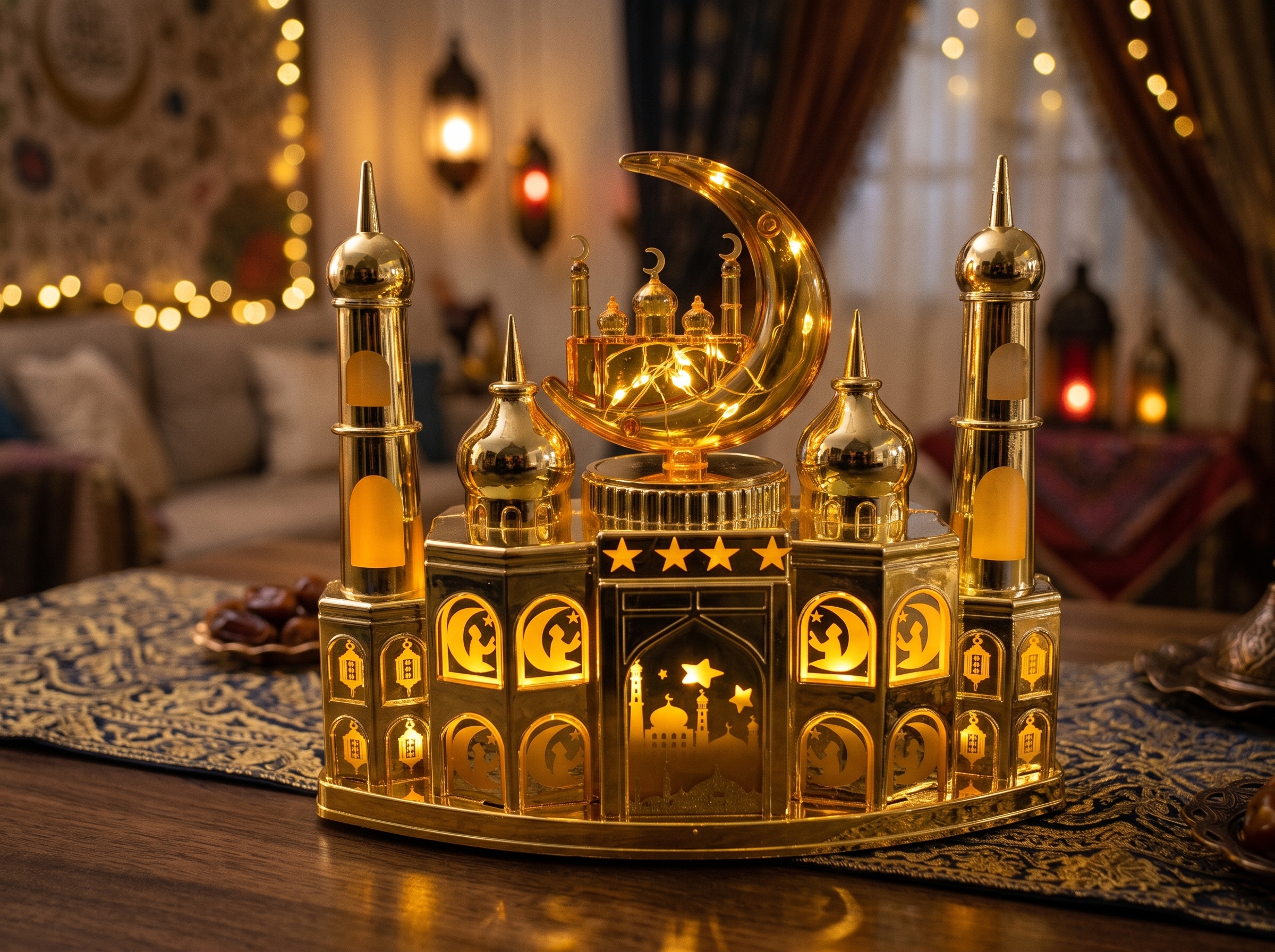 LED-Belyst Moskémodell för Ramadan i Guld med Halvmåne & Musik (22 x 19 cm) – USB & Batteridriven Bordsdekoration
