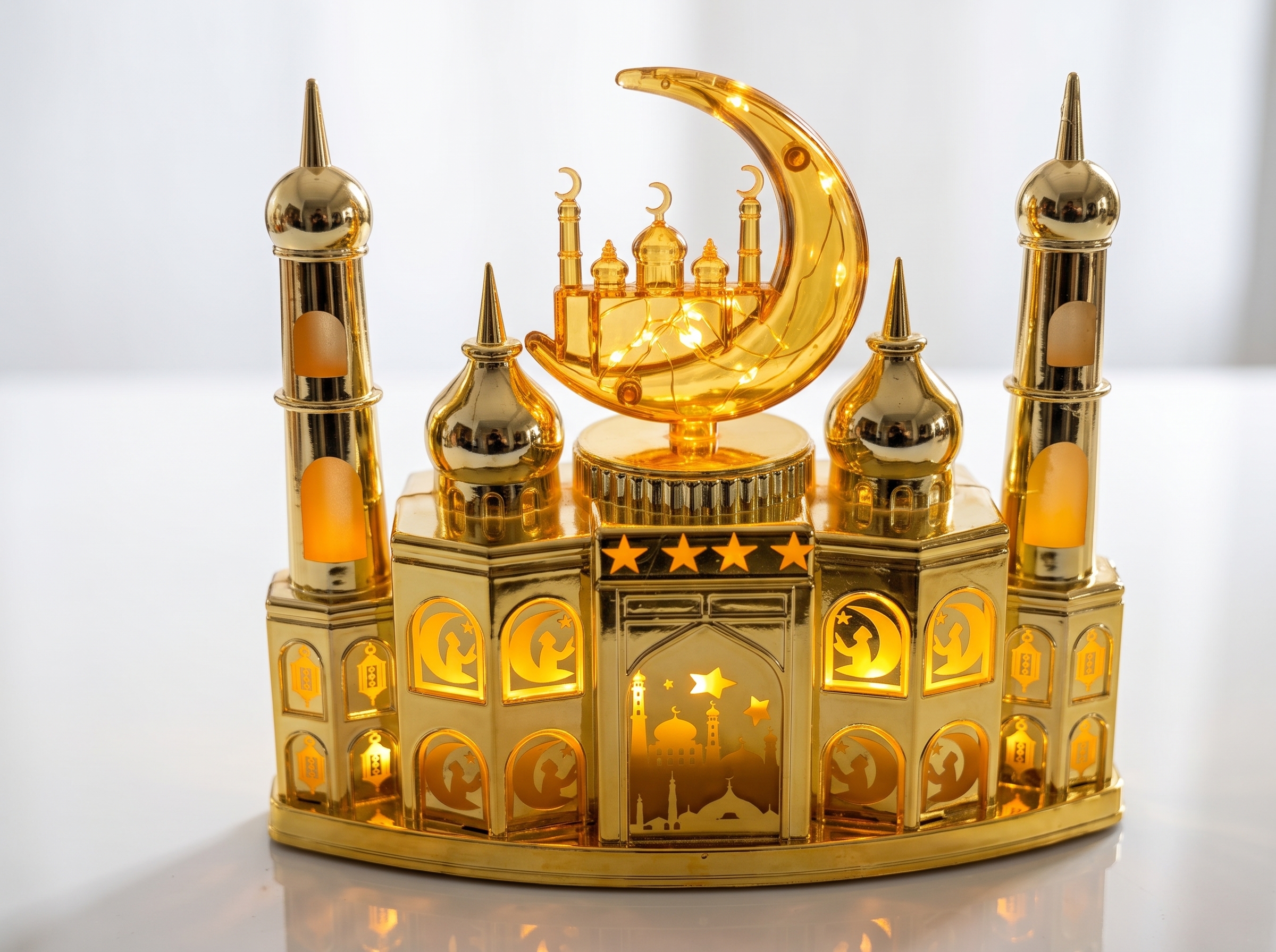 LED-Belyst Moskémodell för Ramadan i Guld med Halvmåne & Musik (22 x 19 cm) – USB & Batteridriven Bordsdekoration - Bild 2