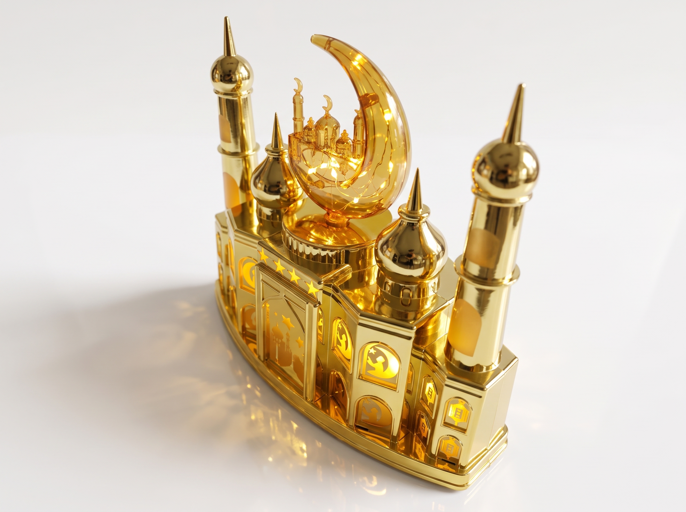 LED-Belyst Moskémodell för Ramadan i Guld med Halvmåne & Musik (22 x 19 cm) – USB & Batteridriven Bordsdekoration - Bild 3