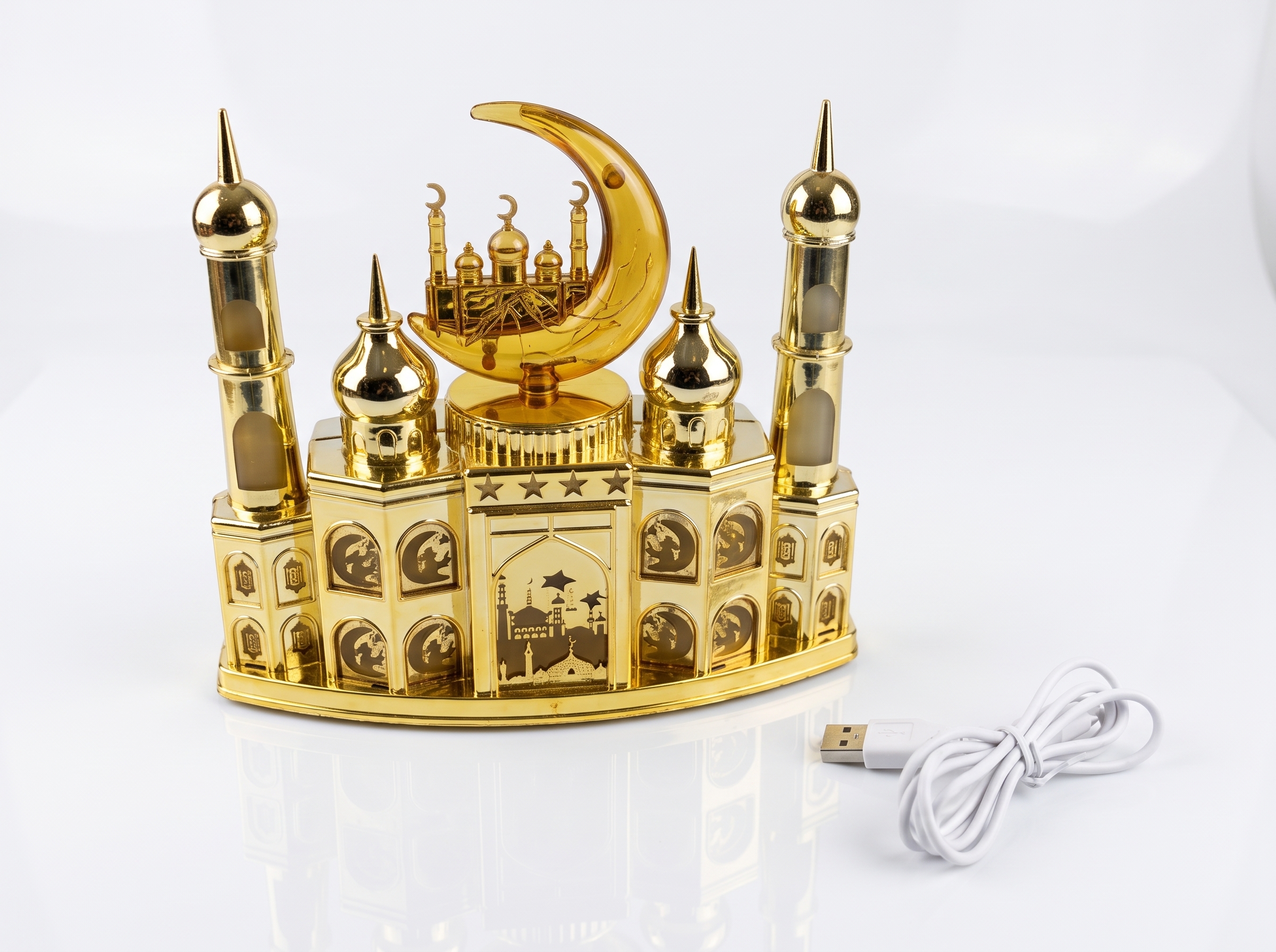 LED-Belyst Moskémodell för Ramadan i Guld med Halvmåne & Musik (22 x 19 cm) – USB & Batteridriven Bordsdekoration - Bild 5