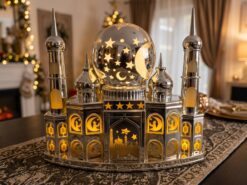 LED-Belyst Moskémodell för Ramadan i Silver med Glob & Musik (22 x 19 cm) – USB & Batteridriven Bordsdekoration