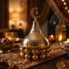 Orientalisk Serveringsskål med Lock & Halvmåne i Guld & Silver (18 cm) – Exklusiv Dadel- & Godisskål
